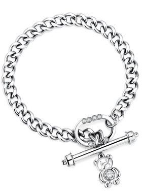 欧美ins简约钛钢OT扣镶钻小熊吊坠古巴链个性潮人男女手链饰品