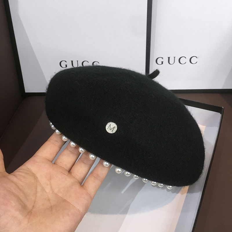 M标帽子女贝雷帽潮秋冬百搭英伦复古仿羊毛呢珍珠八角帽画家帽子