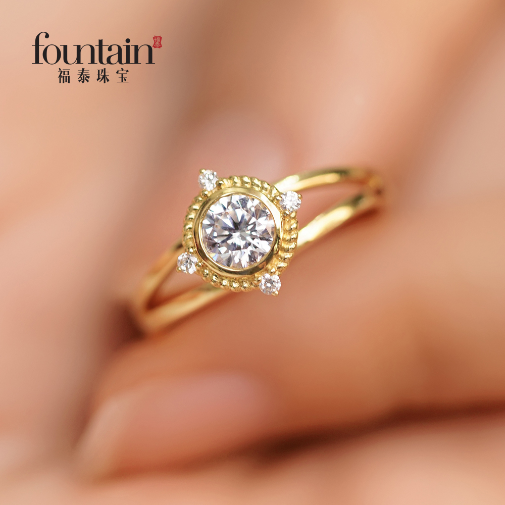 fountain福泰珠宝婚戒系列 星辰宇宙18k金圆形复古镶钻戒结婚戒指