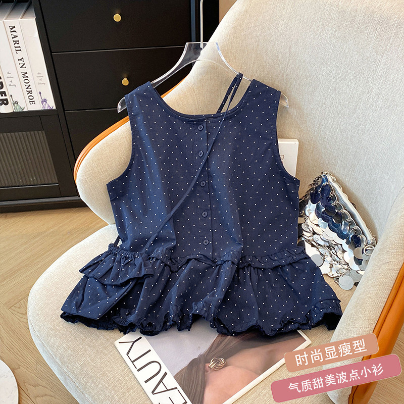 实拍韩版夏季新款个性波点背心圆领无袖前后两面穿小衫 配包包女