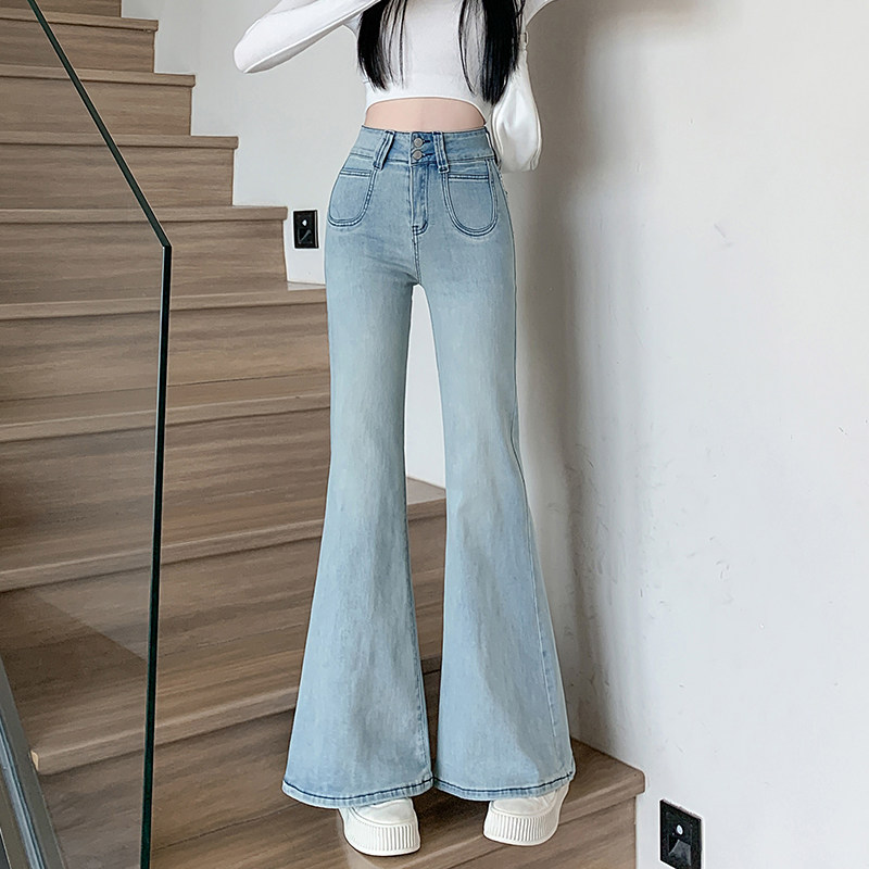 浅色喇叭裤牛仔裤女春秋2026新款小个子修身高腰裤子微喇裤子