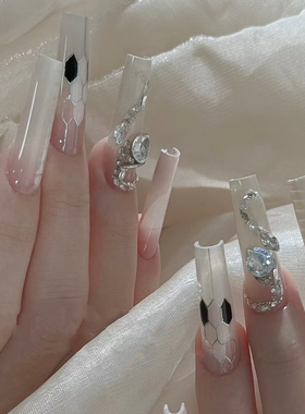 ElsaNail手工穿戴甲白色爆闪贵气宝格蛇头拆卸假指甲贴片带钻高级