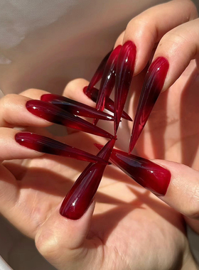 ElsaNail欧美性感辣妹冰透红酒红色牛血色万圣节圣诞款手工穿戴甲