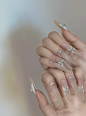 ElsaNail手工定制新娘纯欲光疗穿戴美甲成品长款简约裸色满钻珍珠