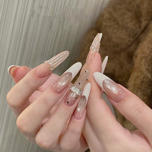 长方堆钻纯手工穿戴美甲 显白钻戒款 ElsaNail法式 晶石猫眼美甲长款