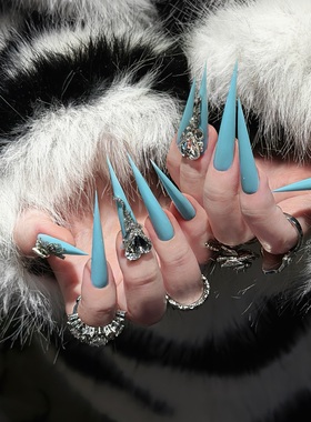 ElsaNail古早孔雀蓝色欧美尖形手工穿戴甲片贴可拆卸假指甲美甲贴