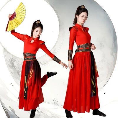 打鼓服女喜庆威风锣鼓舞台装扇子舞演出服大气古装女侠风表演套装