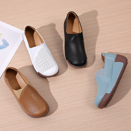 休闲舒适坡跟中跟镂空透气女单鞋