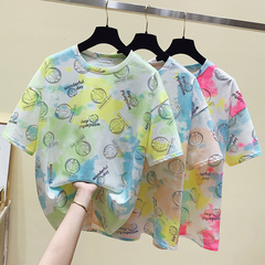 Fashion house real shot short sleeve t-shirt female 2021 tie dye printing loose round neck age reducing top