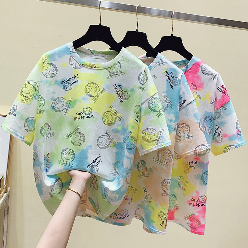 Fashion house real shot short sleeve t-shirt female 2021 tie dye printing loose round neck age reducing top
