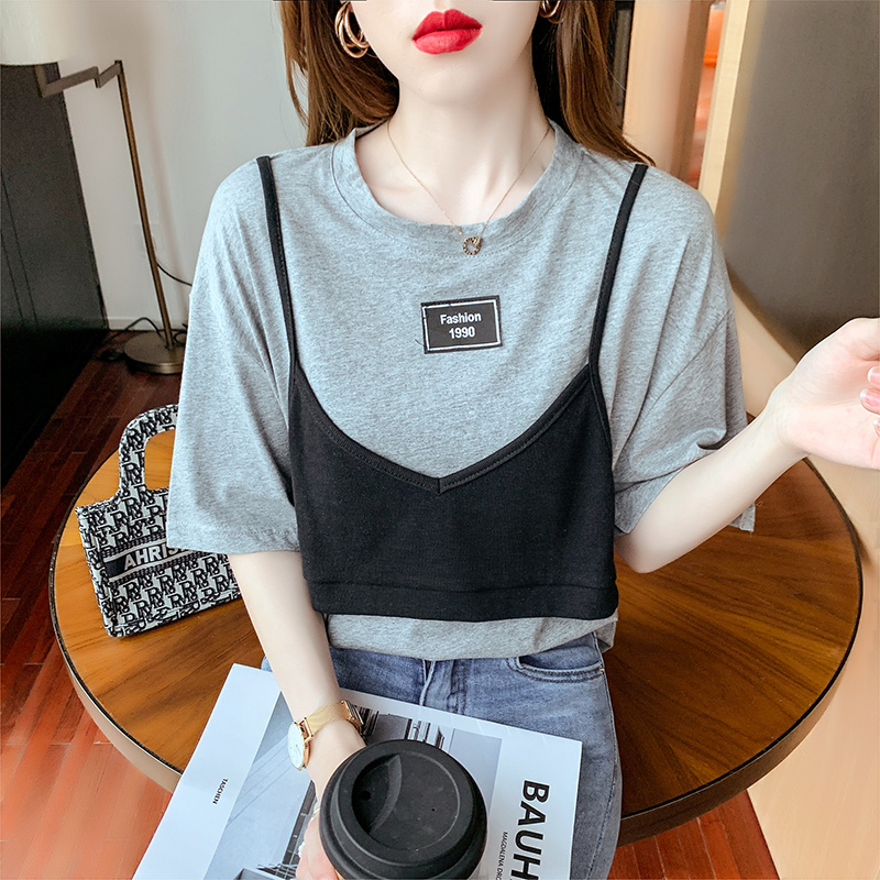 Fashion house real shot short sleeve T-shirt women's short 2021 design small crowd loose two-piece top
