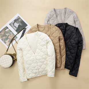 外套超内胆无领时尚 V领菱形格秋季 内搭 轻薄羽绒服女短款 2025新款