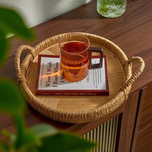 手工编织藤编托盘圆形带手柄收纳茶点盘家居装 饰收纳烘培店陈列盘
