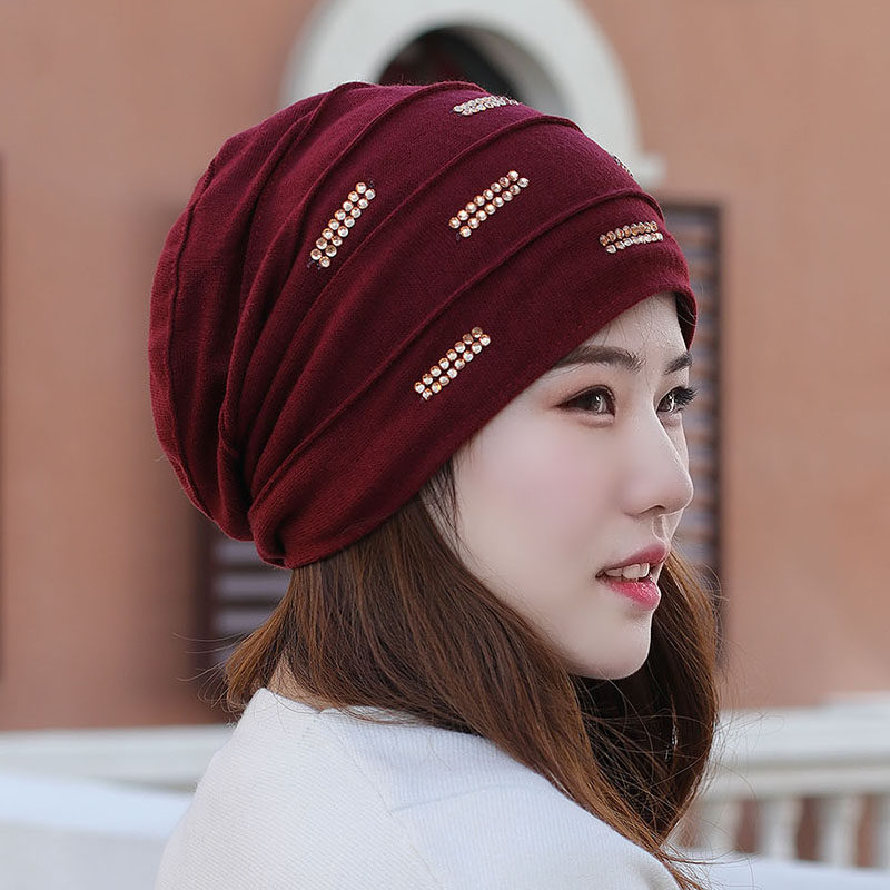 帽子女韩版潮秋冬天头巾帽双排水钻包头帽条纹头巾帽光头帽月子帽