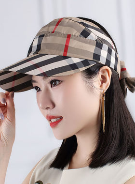 棒球帽扎马尾复古格子空顶弯沿帽