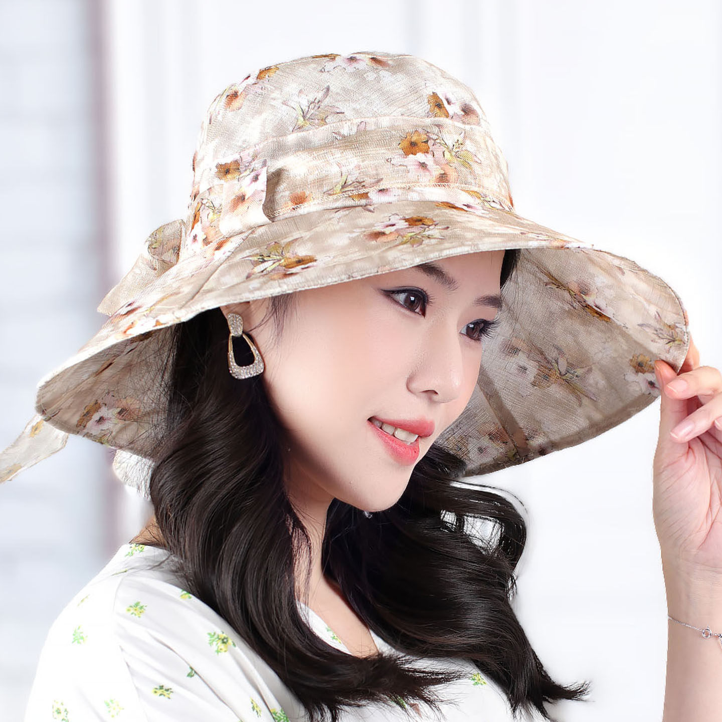 夏新款女士时尚遮阳出游透气欧根纱风信印花沙滩帽优雅防晒遮阳帽