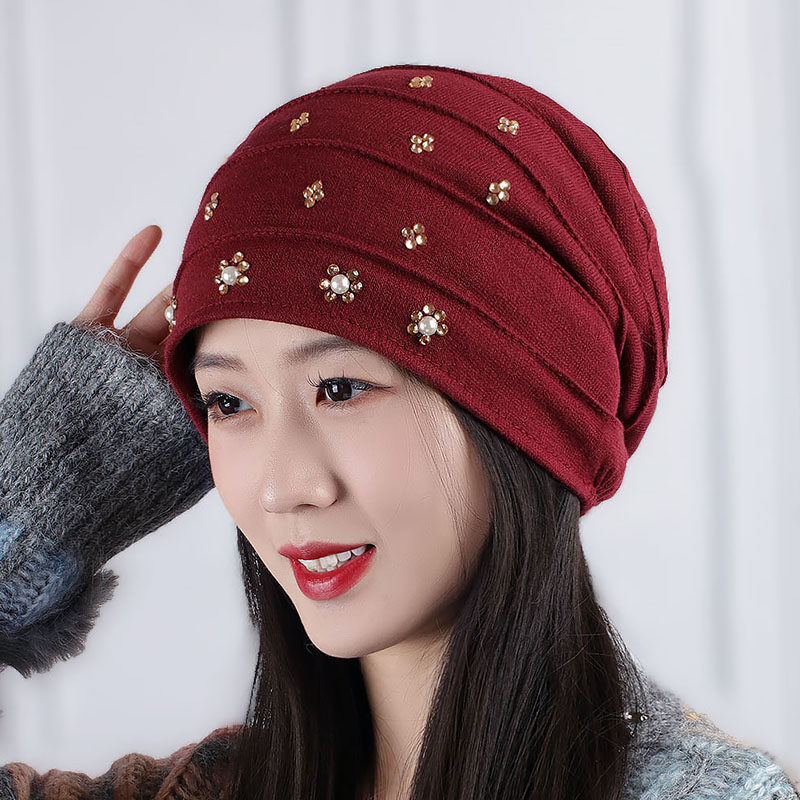 帽子女韩版秋冬天头巾帽珍珠水钻堆堆帽光头月子帽加绒保暖包头帽