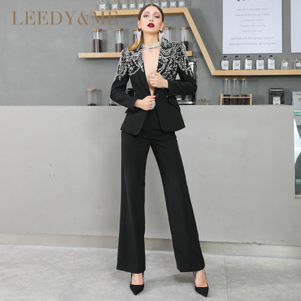 LEEDY＆ME时尚深V领收腰手工订珠西装直筒裤套装长袖年会聚会通勤