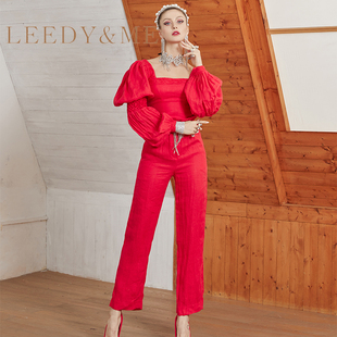 时尚 LEEDY＆ME新款 惊艳套装 一字肩泡泡袖 优雅派对刺绣礼服女 个性