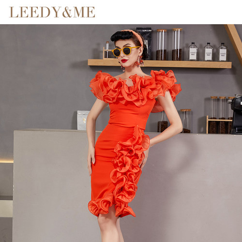 LEEDYME新款时尚荷叶边一字肩裙