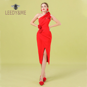 LEEDY＆ME优雅成人礼红高定摩纳哥名媛风连衣裙修身 惊艳花朵斜肩