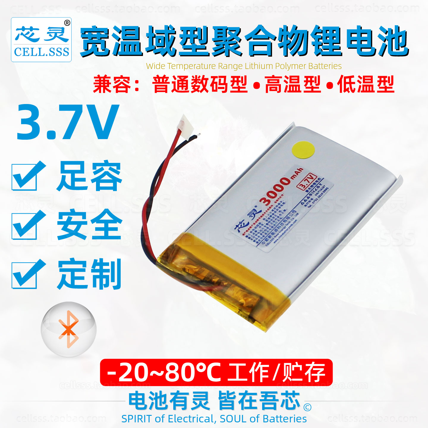 芯灵行车胎压仪户外设备仪表冷库-20~80℃宽温域聚合物锂电池3.7V