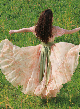 花未眠！几件掉落现货！不退不换！仙女感及踝荷叶边披肩领长裙