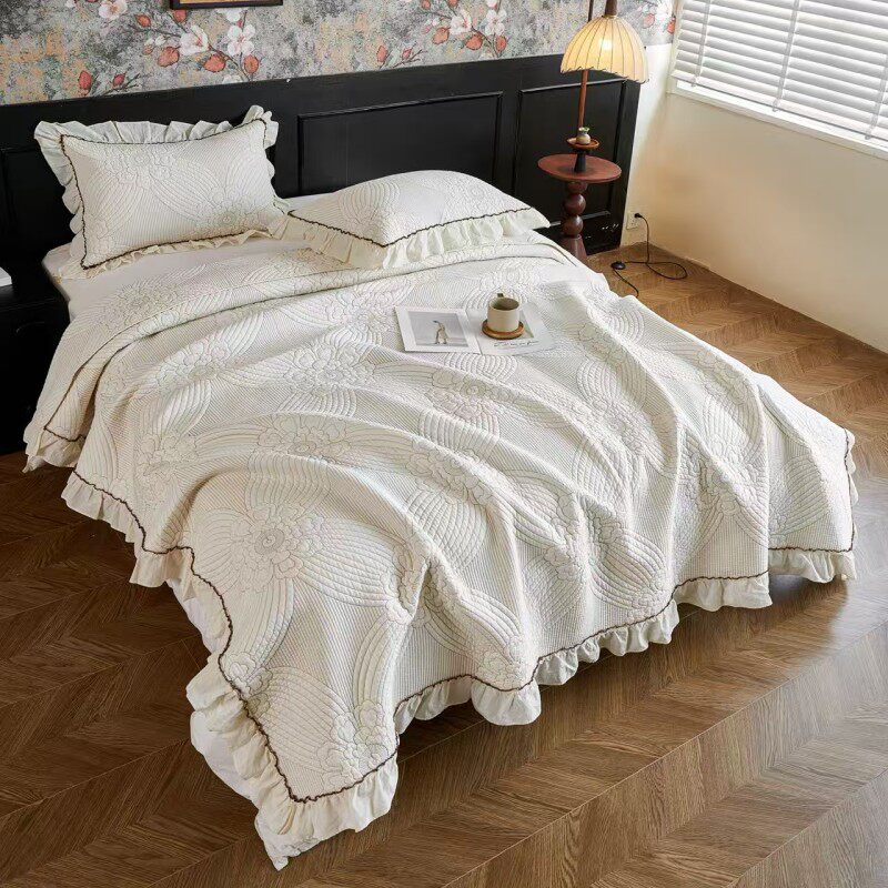 美式双面纯棉绣花绗缝被三件套韩式2025新款花边床盖四季通用床单