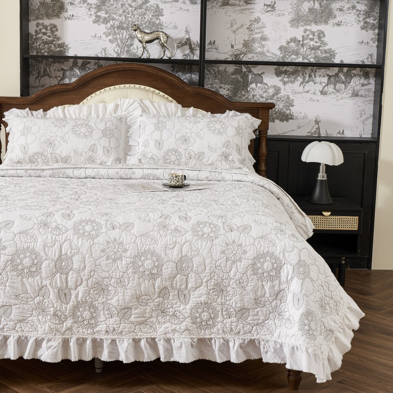 美式双面纯棉绣花绗缝被三件套韩国高档2025新款床盖四季通用床单