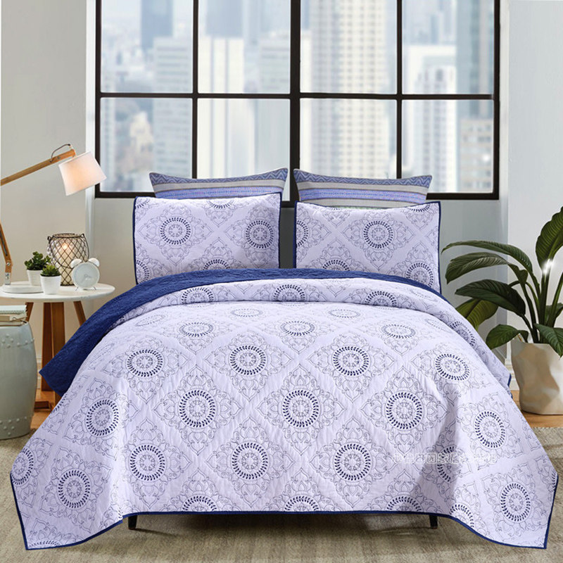 双面纯棉美式高端绣花绗缝三件套床盖轻奢高级感欧式四季通用床单