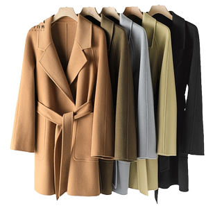 贝源M家经典双面羊绒大衣女短款2025新款小个子系带羊毛毛呢外套