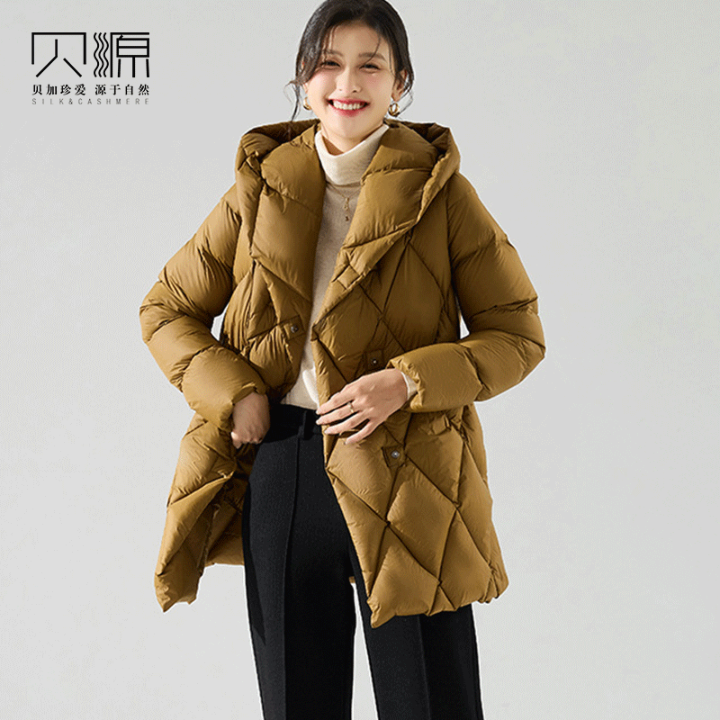 贝源2023新小个子加厚驼色羽绒服女中长款连帽保暖白鸭绒羽绒外套