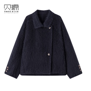 贝源藏青色双面呢羊绒大衣女短款2026新款小个子羊毛拉绒毛呢外套