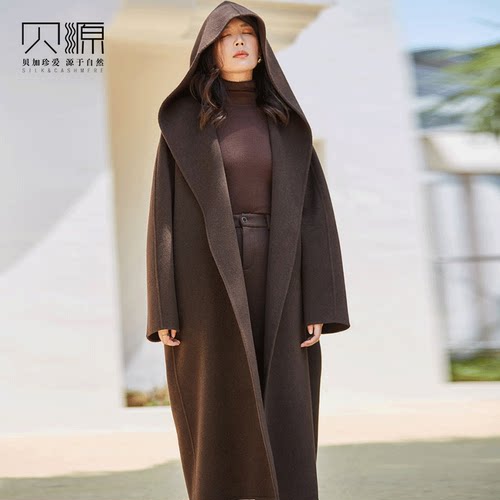 贝源明星同款连帽牦牛绒毛呢外套