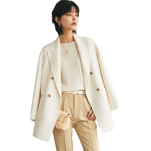 贝源双排扣白色羊毛西装外套女2025新款小个子中长款双面羊绒大衣
