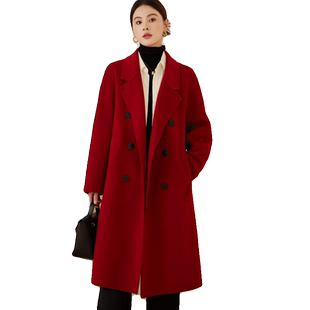 贝源高端红色双面羊绒大衣女长款2025新款结婚本命年羊毛毛呢外套