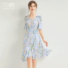 贝源法式减龄V领桑蚕丝连衣裙2025新款小个子中长款短袖真丝女裙