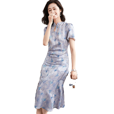 贝源定位印花小个子桑蚕丝连衣裙