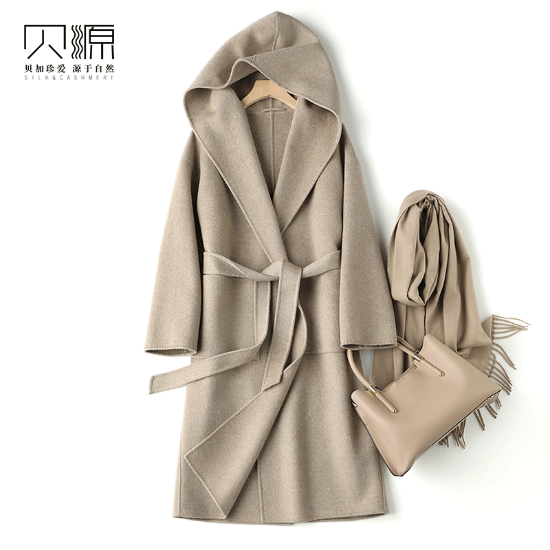 贝源纯羊绒中长款连帽双面呢大衣