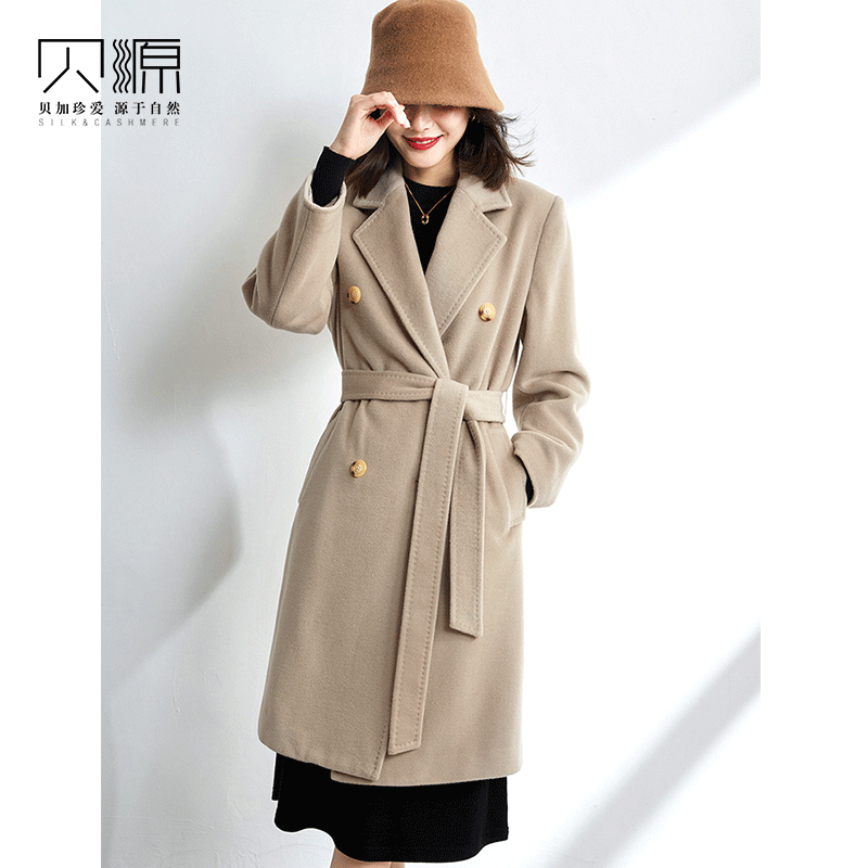 贝源小个子正肩双排扣羊绒大衣女