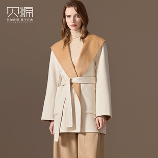 贝源M家经典双色双面两穿纯羊绒大衣女小个子中长款连帽毛呢外套