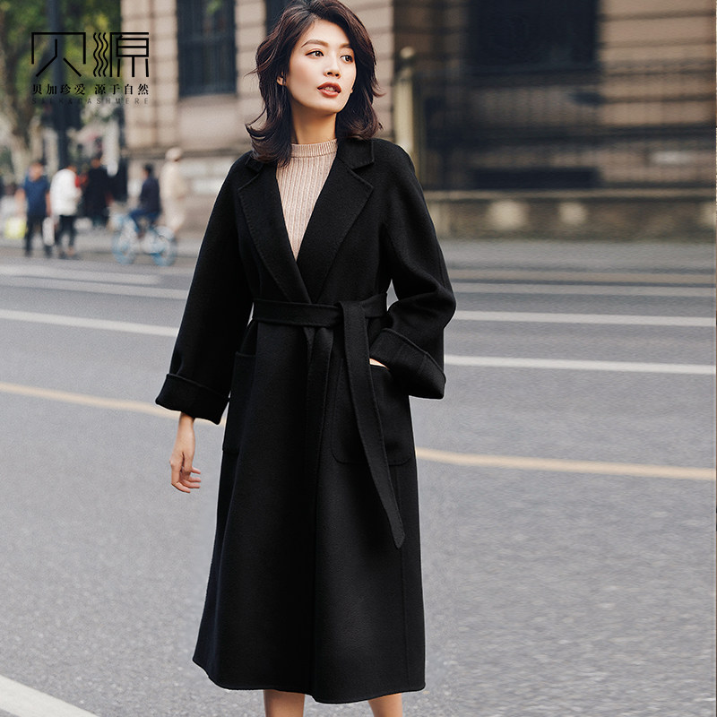 贝源2023新黑色水波纹双面羊绒大衣女中长款宽松系带羊毛毛呢外套