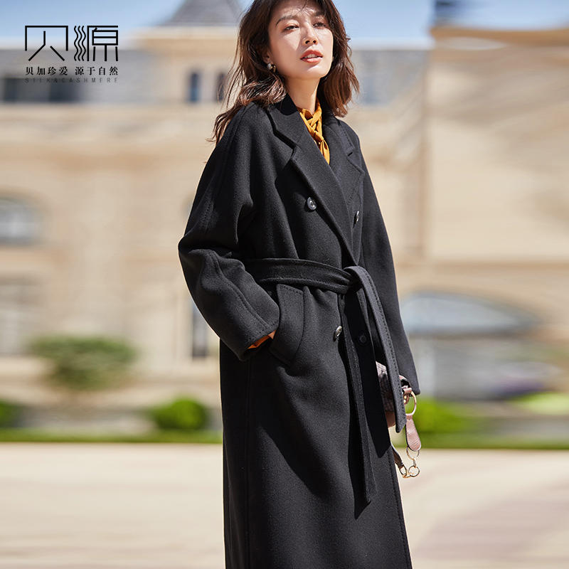 贝源职业通勤黑色羊绒大衣女加厚2026新中长款双排扣羊毛毛呢外套