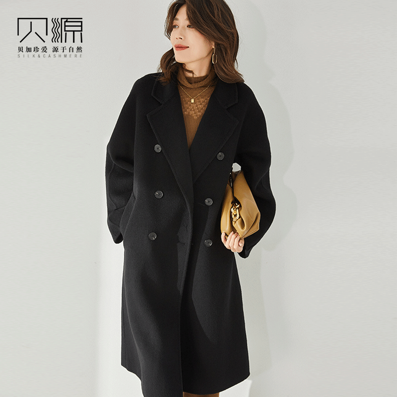贝源黑色中长款骆驼绒大衣101801