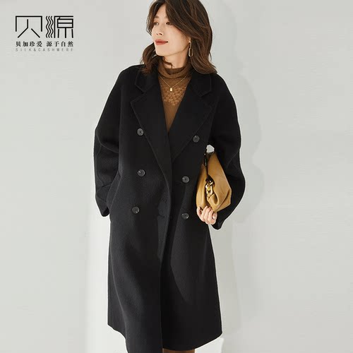 贝源黑色中长款骆驼绒大衣101801