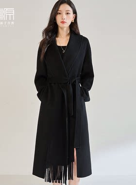 贝源赫本风黑色流苏双面羊绒大衣