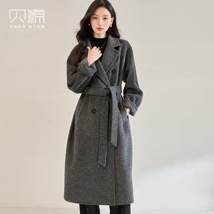 贝源高端灰色羊驼绒大衣女2025新中长款双排扣长毛绒羊毛毛呢外套