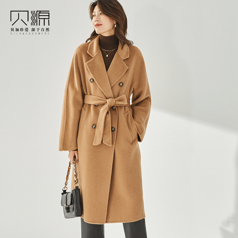 贝源驼色骆驼绒中长款双排扣大衣