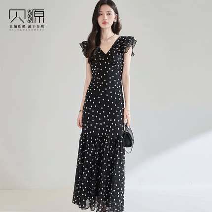 贝源法式减龄黑色波点飞飞袖连衣裙2025新款长款性感露背雪纺女裙