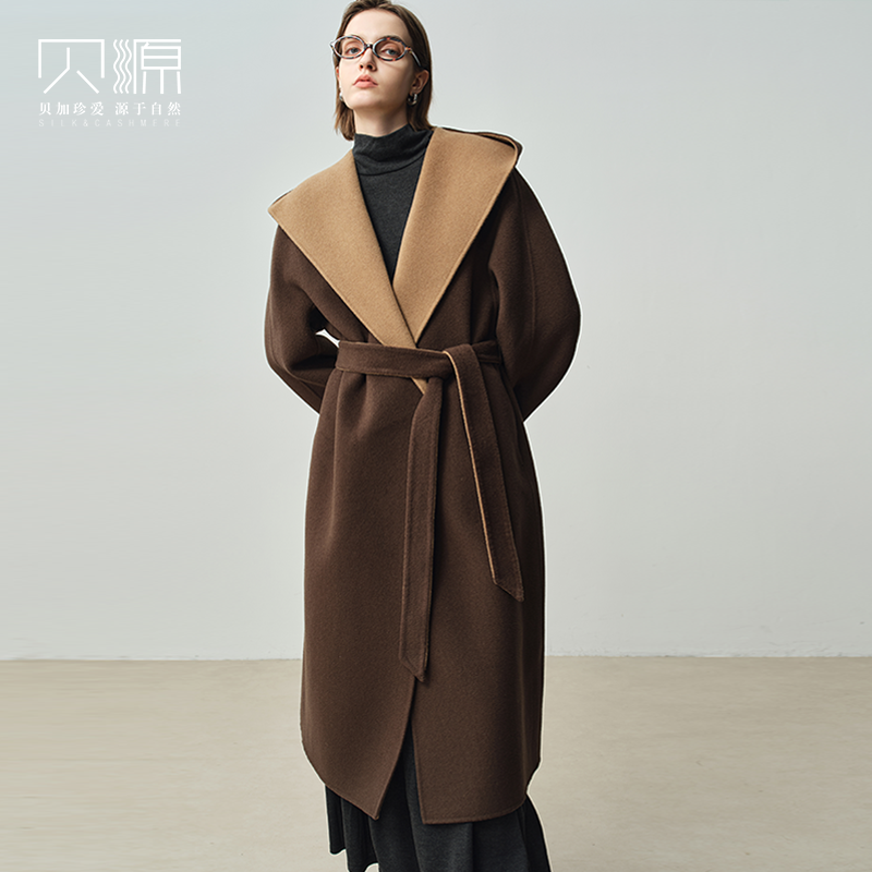 贝源咖色中长款连帽双面羊绒大衣
